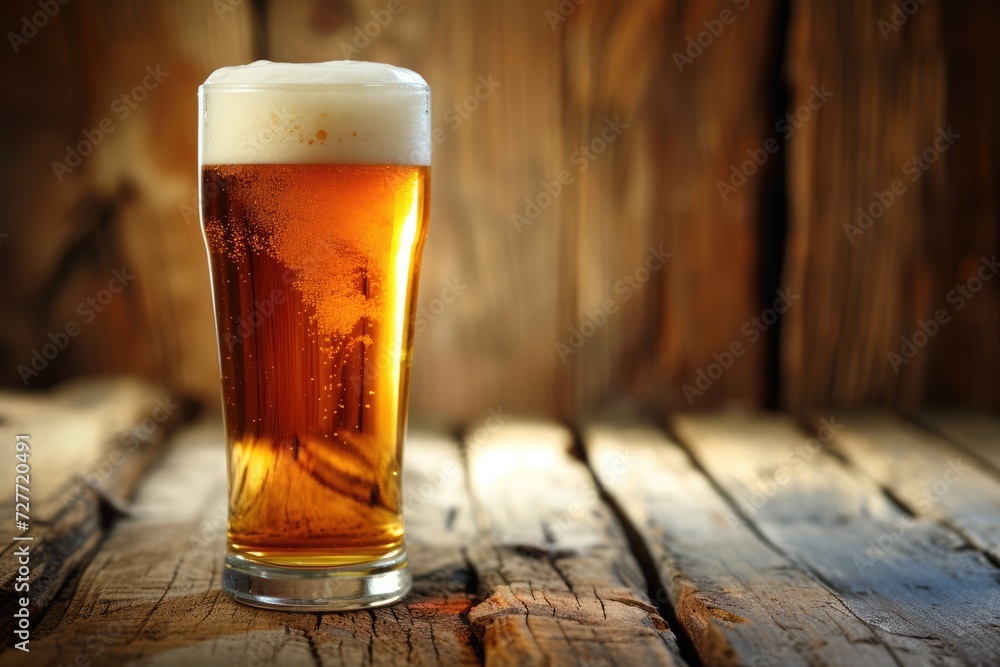 Glass of beer on old wooden table and wooden background Glass of beer on old wooden table and wooden background