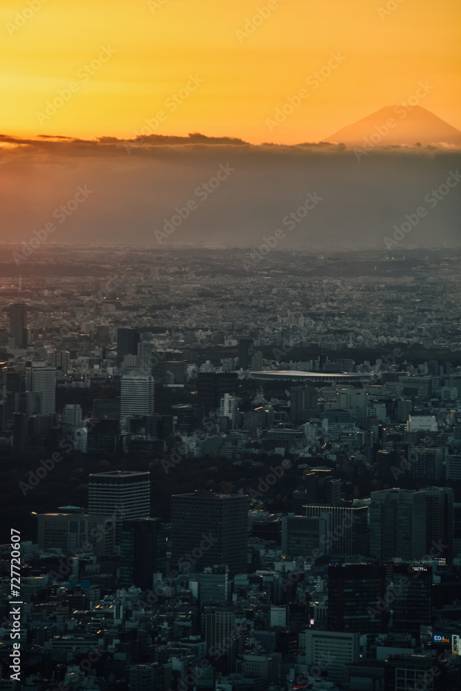 Fototapeta premium Foto del atardecer en la ciudad de Tokio en Japón con el Monte Fuji.