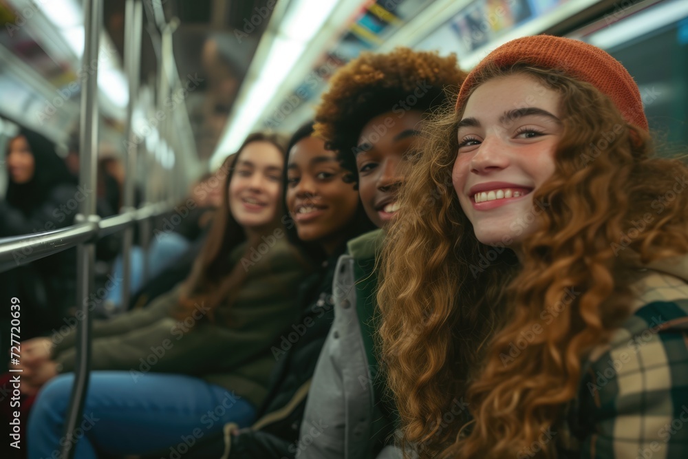 Group of teenage friends, of different ethnicity, is riding in a subway train and smiling. 