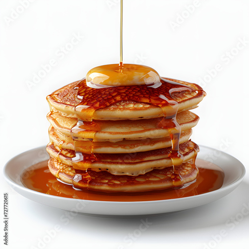 A stack of fluffy pancakes with syrup isolated on white background, realistic, png
