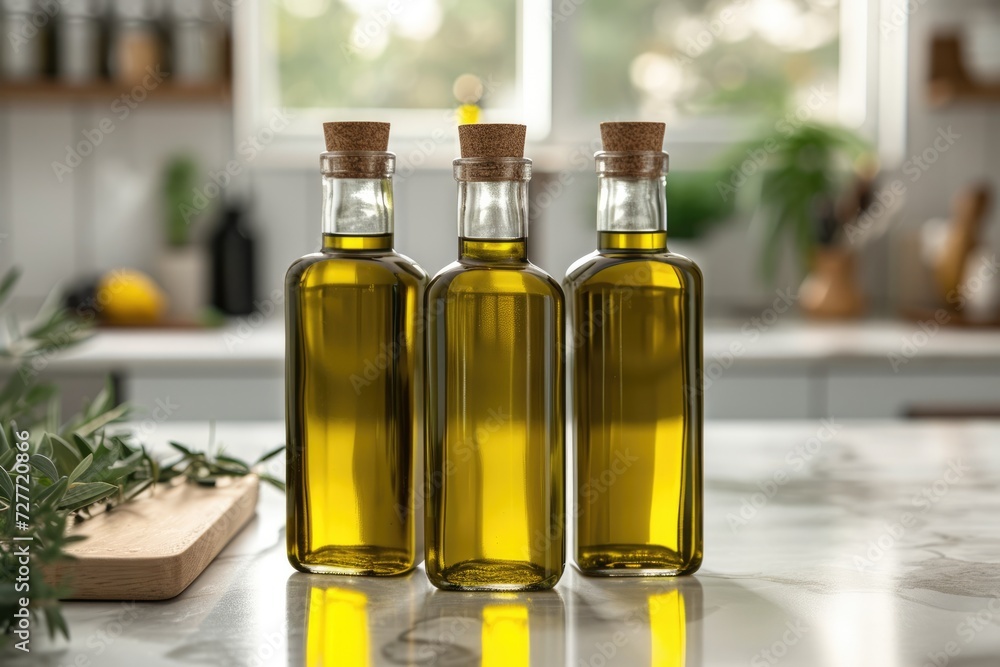 Group of three olive oil bottles isolated at the center of the image on a kitchen countertop Group of three olive oil bottles isolated at the center of the image on a kitchen countertop