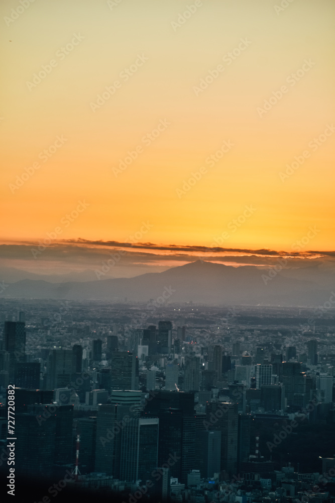 Foto del atardecer en la ciudad de Tokio desde las alturas, Japón.
