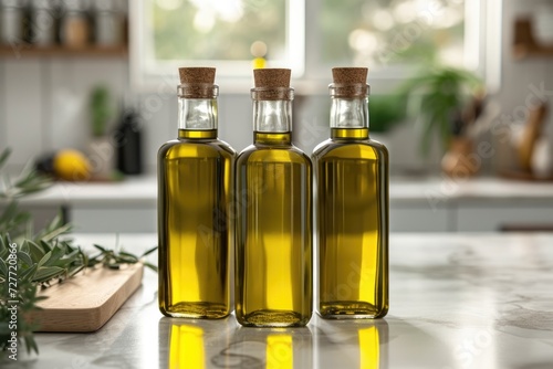 Group of three olive oil bottles isolated at the center of the image on a kitchen countertop