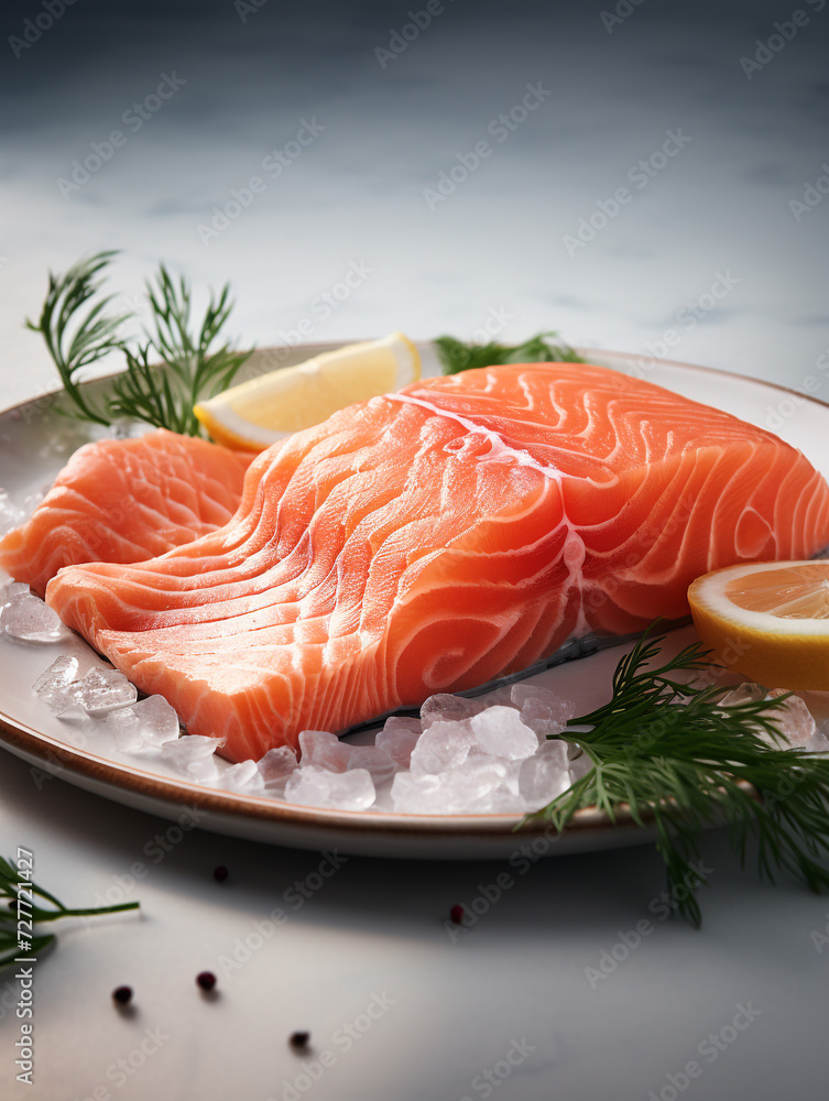A piece of portioned salmon lies on the table, spices and herbs, the restaurant menu, an unusual background, and homemade food. Healthy food. Fish for diet. A piece of portioned salmon lies on the table, spices and herbs, the restaurant menu, an unusual background, and homemade food. Healthy food. Fish for diet.