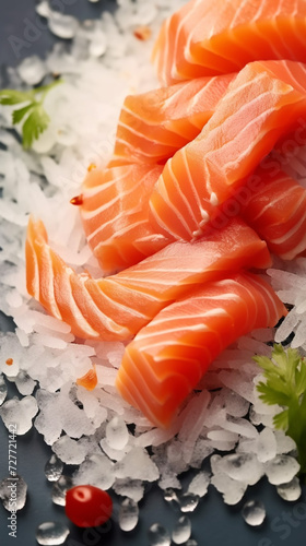 A piece of portioned salmon lies on the table, spices and herbs, the restaurant menu, an unusual background, and homemade food. Healthy food. Fish for diet.