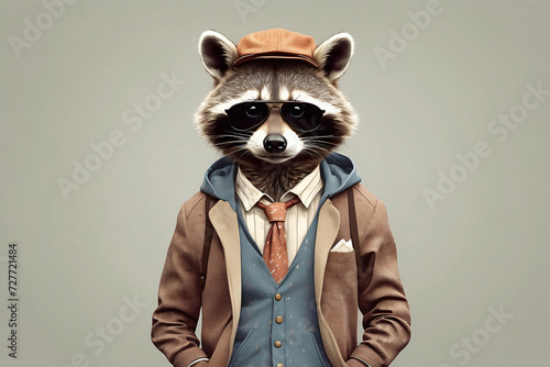 illustration of a raccoon wearing retro fashion clothes photo