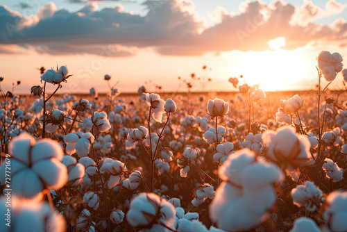 Cotton farm during harvest season. Field of cotton plants with white bolls. Sustainable and eco-friendly practice on a cotton farm. Organic farming. Raw material for textile industry