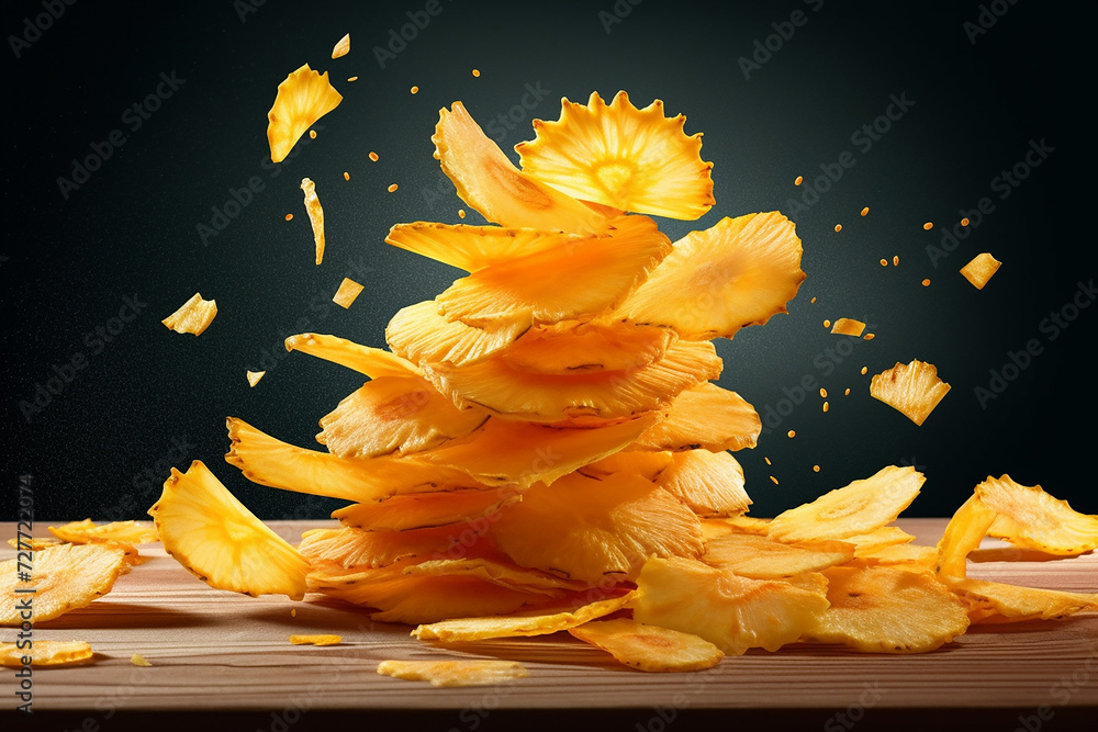 Exploding stack of crispy potato chips against dark background Exploding stack of crispy potato chips against dark background