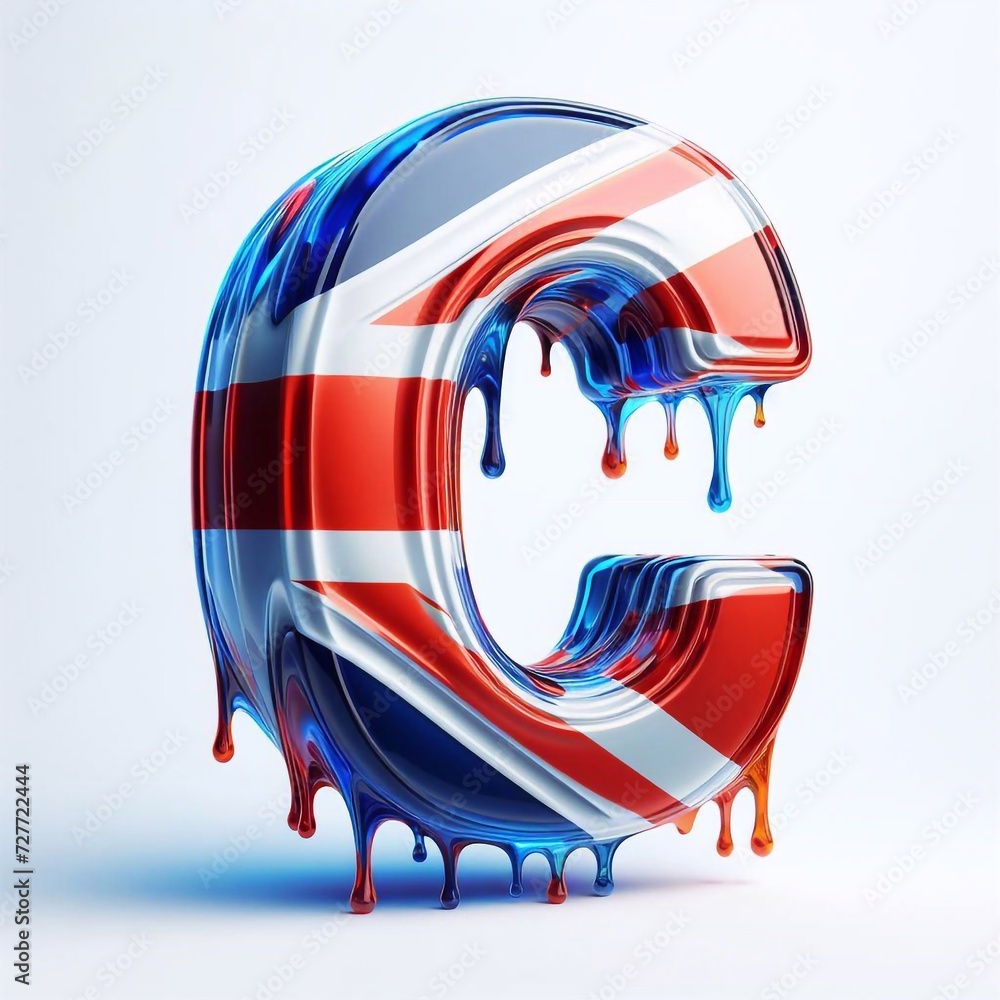 Naklejka premium Glasss letter C in color of United Kingdom flag. AI generated illustration