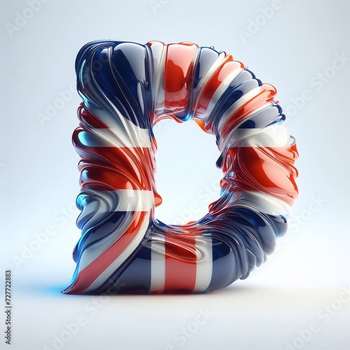 Glasss letter D in color of United Kingdom flag. AI generated illustration