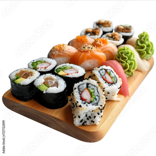 Sushi rolls arranged on a wooden platter isolated on white background, detailed, png
