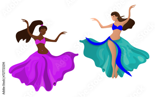 Girls of different skin colors dance oriental belly dance. Vector bright drawing