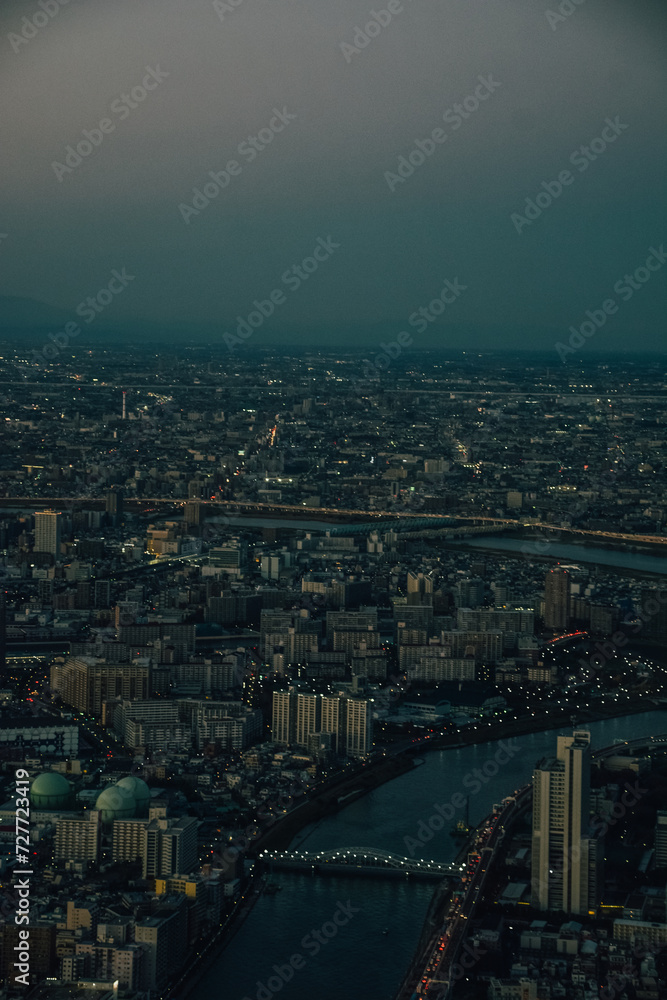 Foto del atardecer sobre la ciudad de Tokio, Japón, desde las alturas.