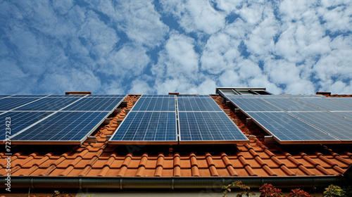 Solar panels on the roof of a house and blue sky. Close-up with solar panels on the roof