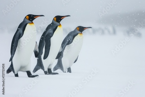 King penguins  Aptenodytes patagonicus  walking in snowstorm. 