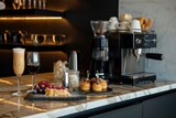 Kitchen counter with desserts, sparkling wine and espresso machine 