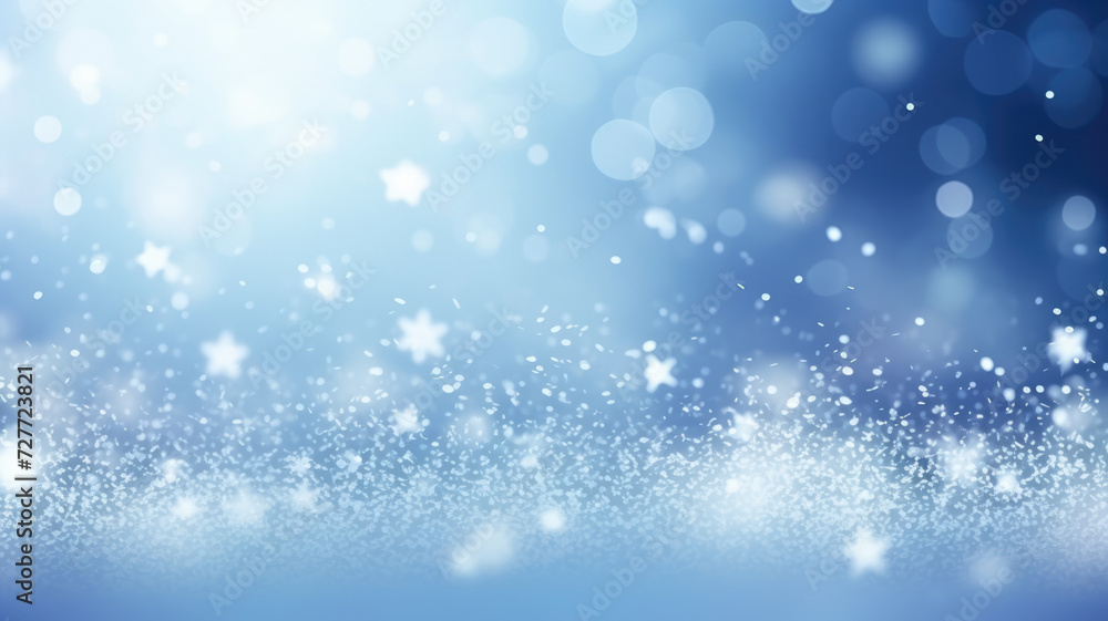 Blue winter blurred background with snow snowflakes and stars