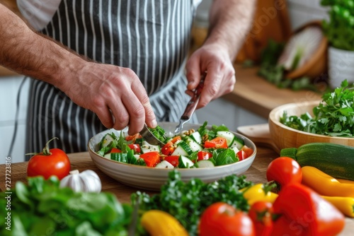 Man dressing a Mediterranean salad of fresh vegetables on a wooden kitchen bench white isolated background. Front view. Horizontal compositon.