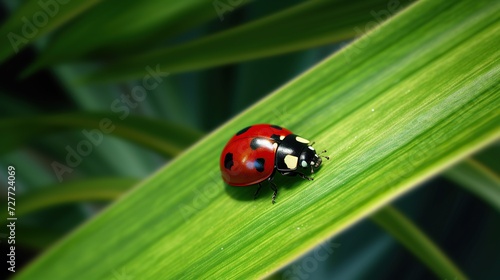 ladybug on green leaf with water drops macro close up photo