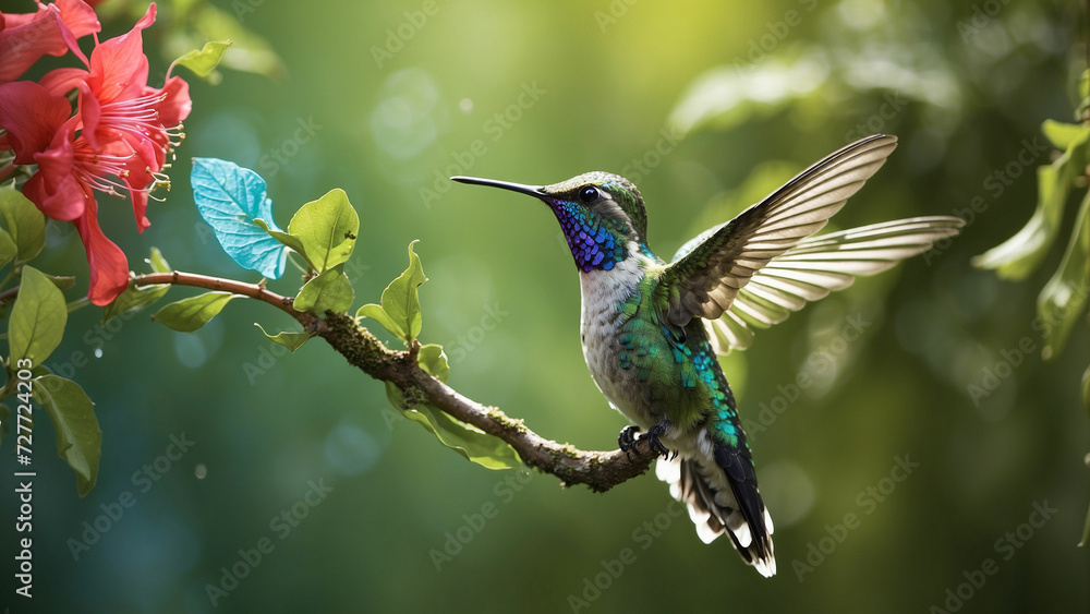 Fototapeta premium Delicate ballet of a hummingbird as it hovers and then gracefully lands on a slender branch and its iridescent feathers catching the sunlight against a lush green backdrop of nature