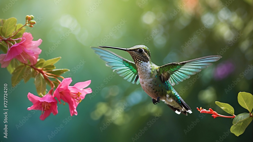 Fototapeta premium Delicate ballet of a hummingbird as it hovers and then gracefully lands on a slender branch and its iridescent feathers catching the sunlight against a lush green backdrop of nature