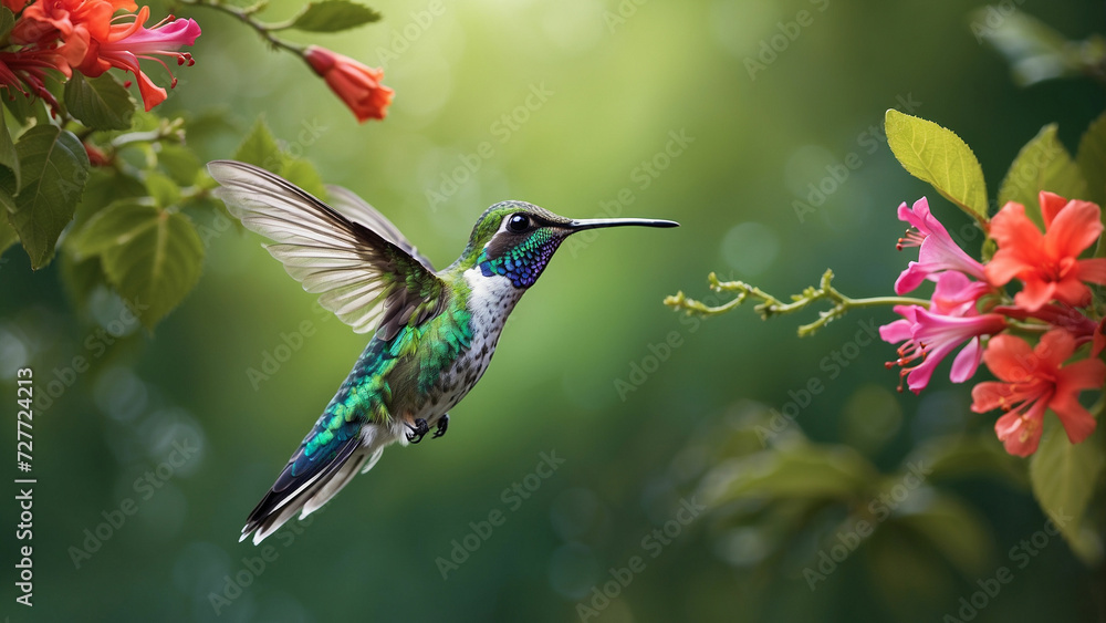 Fototapeta premium Delicate ballet of a hummingbird as it hovers and then gracefully lands on a slender branch and its iridescent feathers catching the sunlight against a lush green backdrop of nature