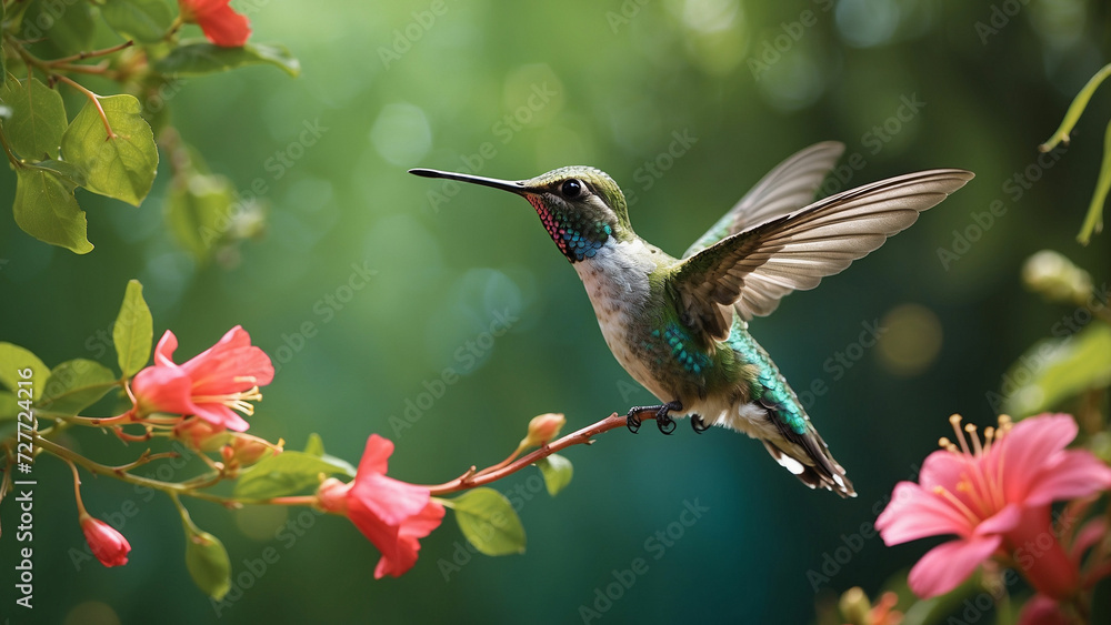 Naklejka premium Delicate ballet of a hummingbird as it hovers and then gracefully lands on a slender branch and its iridescent feathers catching the sunlight against a lush green backdrop of nature
