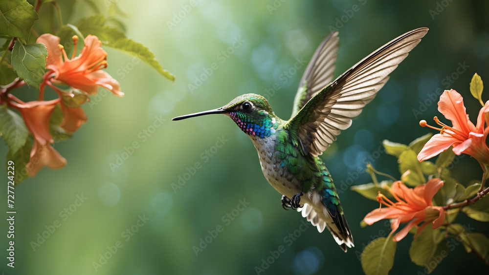 Fototapeta premium Delicate ballet of a hummingbird as it hovers and then gracefully lands on a slender branch and its iridescent feathers catching the sunlight against a lush green backdrop of nature