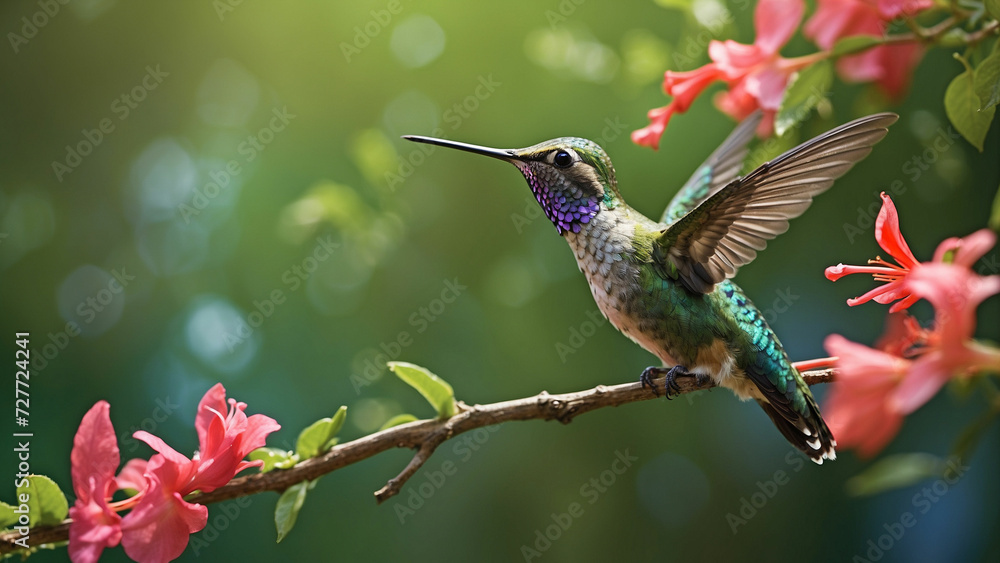 Fototapeta premium Delicate ballet of a hummingbird as it hovers and then gracefully lands on a slender branch and its iridescent feathers catching the sunlight against a lush green backdrop of nature