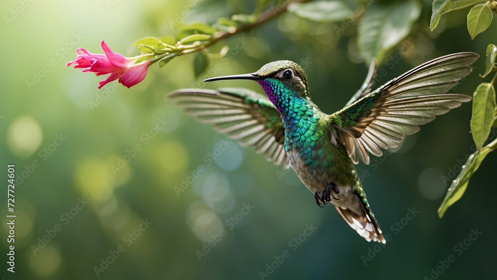 Obraz premium Delicate ballet of a hummingbird as it hovers and then gracefully lands on a slender branch and its iridescent feathers catching the sunlight against a lush green backdrop of nature