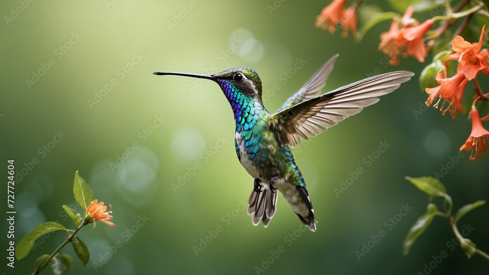 Fototapeta premium Delicate ballet of a hummingbird as it hovers and then gracefully lands on a slender branch and its iridescent feathers catching the sunlight against a lush green backdrop of nature