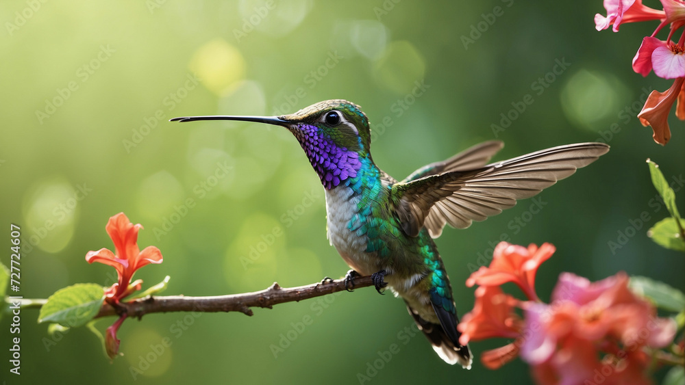 Naklejka premium Delicate ballet of a hummingbird as it hovers and then gracefully lands on a slender branch and its iridescent feathers catching the sunlight against a lush green backdrop of nature