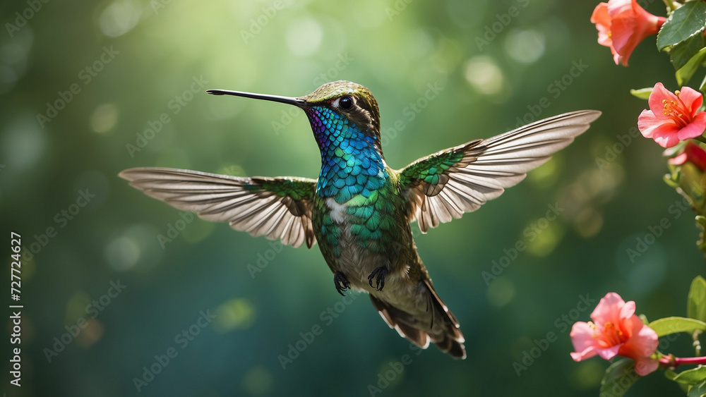 Obraz premium Delicate ballet of a hummingbird as it hovers and then gracefully lands on a slender branch and its iridescent feathers catching the sunlight against a lush green backdrop of nature