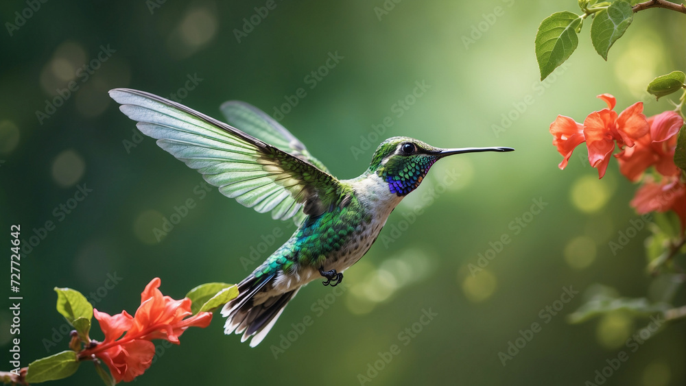 Naklejka premium Delicate ballet of a hummingbird as it hovers and then gracefully lands on a slender branch and its iridescent feathers catching the sunlight against a lush green backdrop of nature