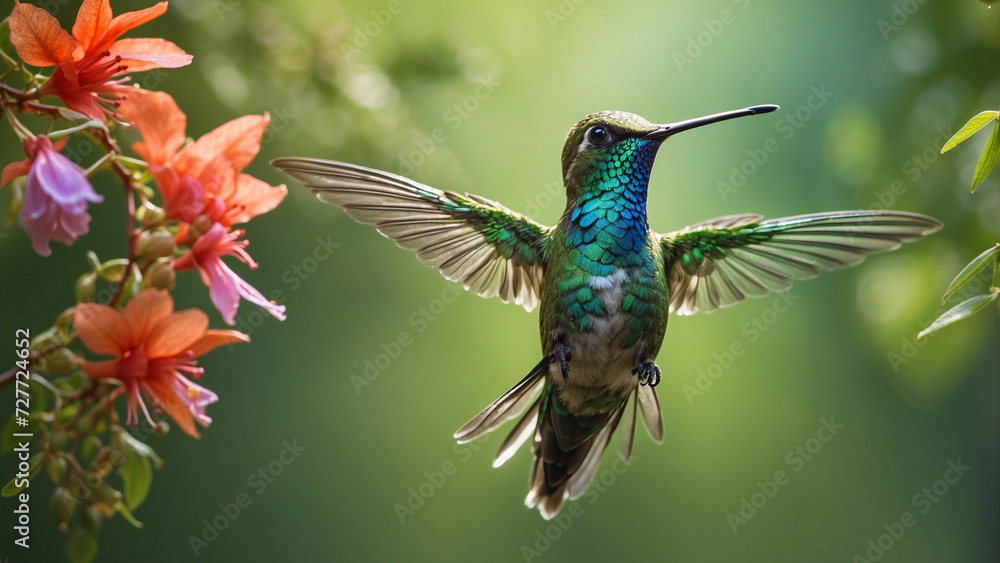 Obraz premium Delicate ballet of a hummingbird as it hovers and then gracefully lands on a slender branch and its iridescent feathers catching the sunlight against a lush green backdrop of nature