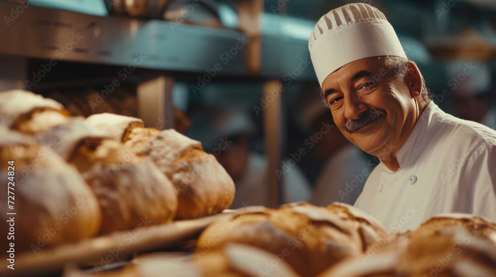 Smiling Baker in Chef's Hat Posing with Freshly Baked Bread Smiling Baker in Chef's Hat Posing with Freshly Baked Bread