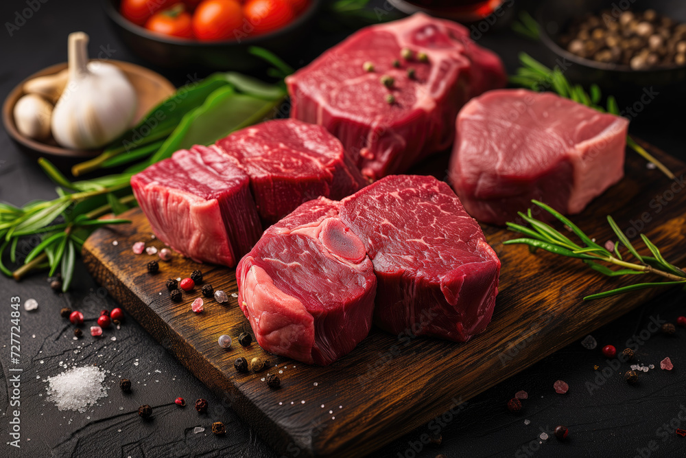 Variety of fresh black angus prime raw beef steaks