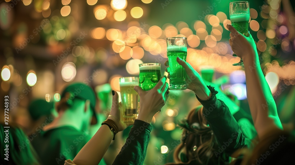 Group of People Celebrating St Patricks Day With Glasses of Beer