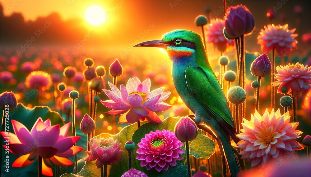  Emerald bird in sunset-lit lotus garden, a serene, vibrant oasis of flora and warmth.