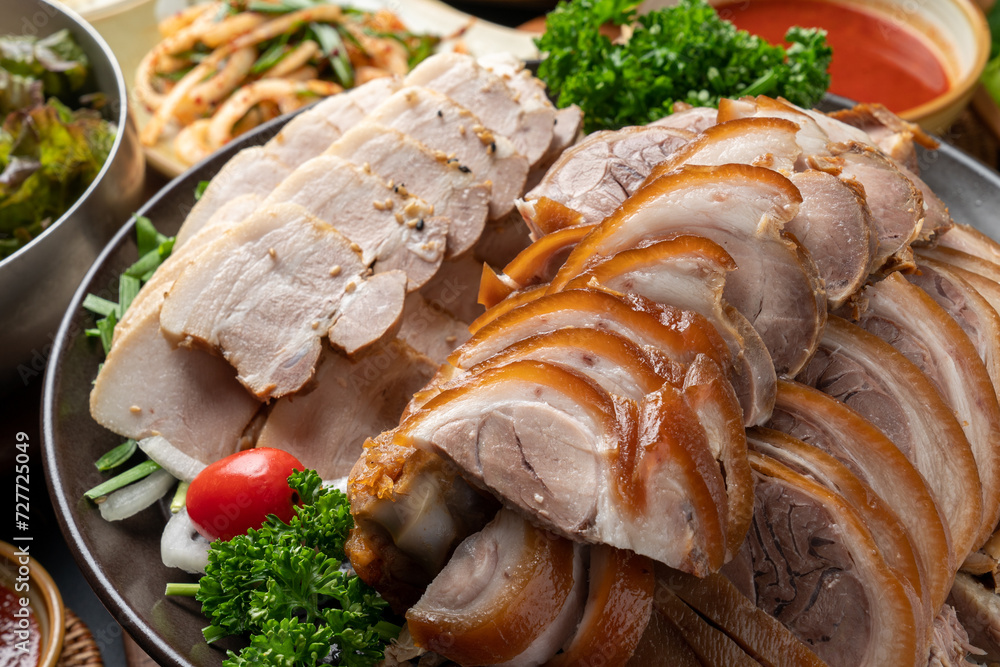 Korean food, jokbal, pork, pork feet, bossam, boiled pork, side dishes