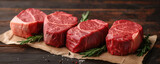 Variety of fresh black angus prime raw beef steaks