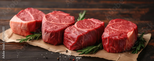 Variety of fresh black angus prime raw beef steaks photo