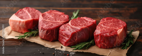 Variety of fresh black angus prime raw beef steaks