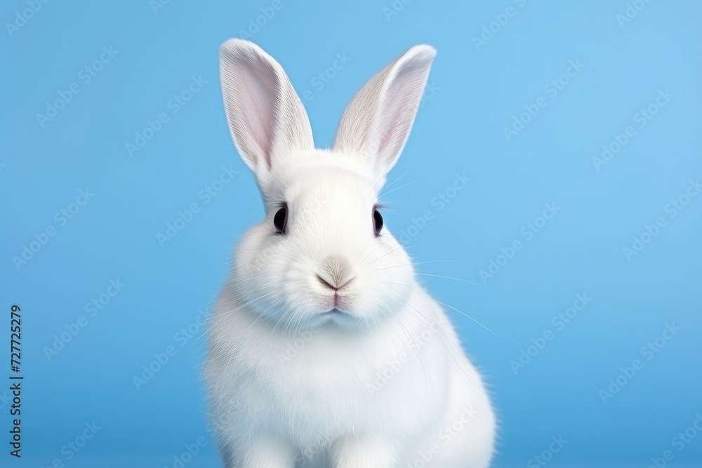 Adorable White Rabbit with Fluffy Fur Against Blue Backdrop - Generative AI Adorable White Rabbit with Fluffy Fur Against Blue Backdrop - Generative AI