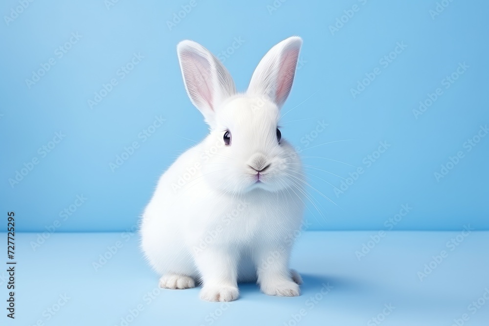 Adorable White Rabbit with Fluffy Fur Against Blue Backdrop - Generative AI Adorable White Rabbit with Fluffy Fur Against Blue Backdrop - Generative AI