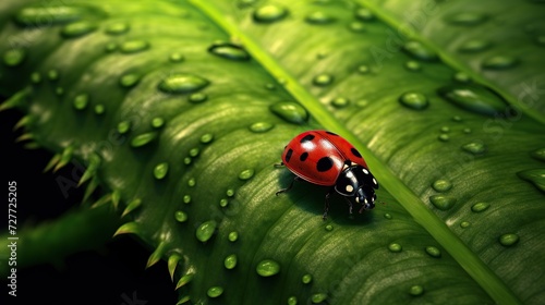 ladybug sits on a blade of grass,
