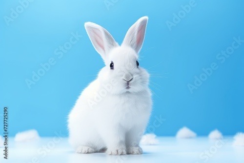 Adorable White Rabbit with Fluffy Fur Against Blue Backdrop - Generative AI