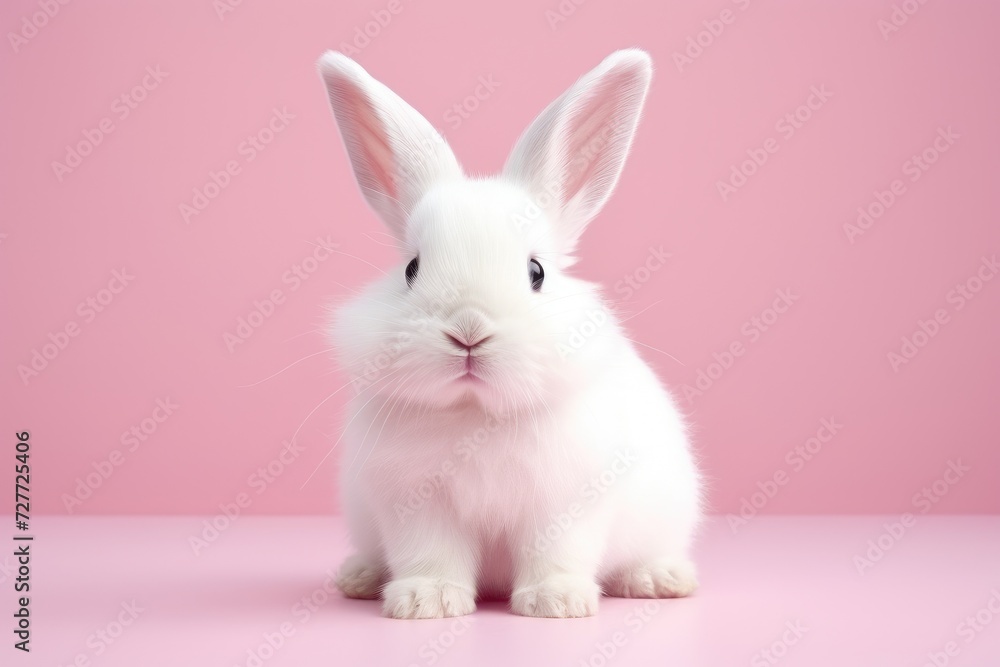 Fototapeta premium Adorable White Rabbit with Soft Fluffy Fur on Pink Canvas - Generative AI