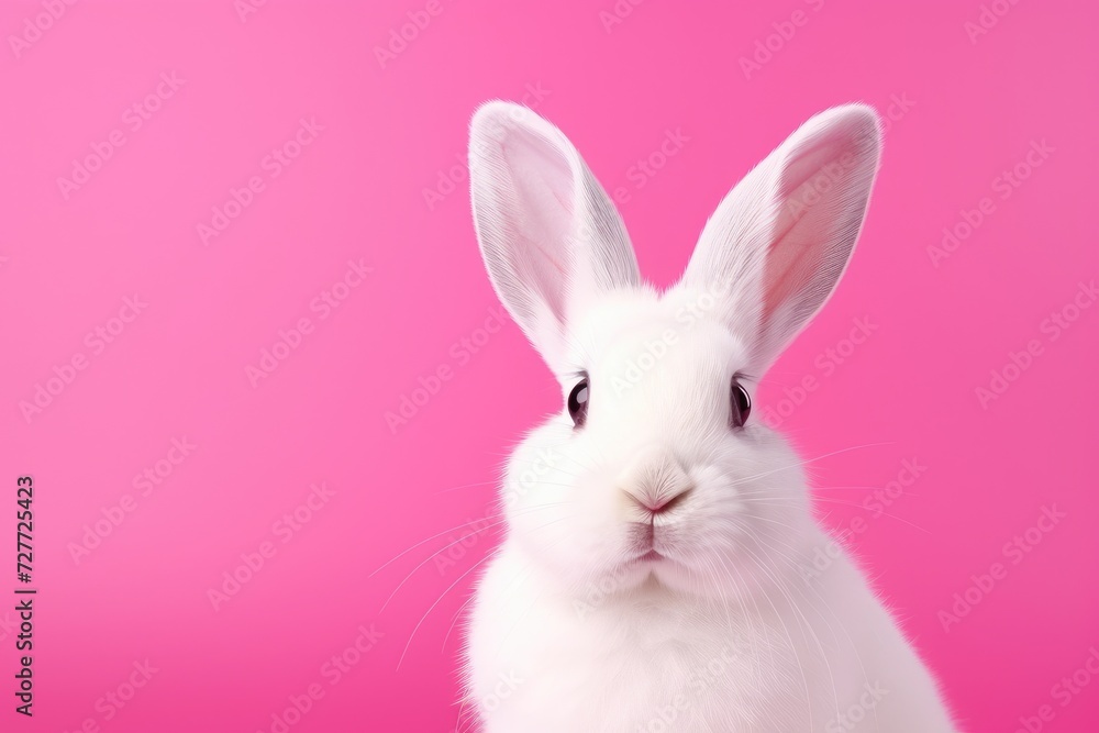 Adorable White Rabbit with Soft Fluffy Fur on Pink Canvas - Generative AI