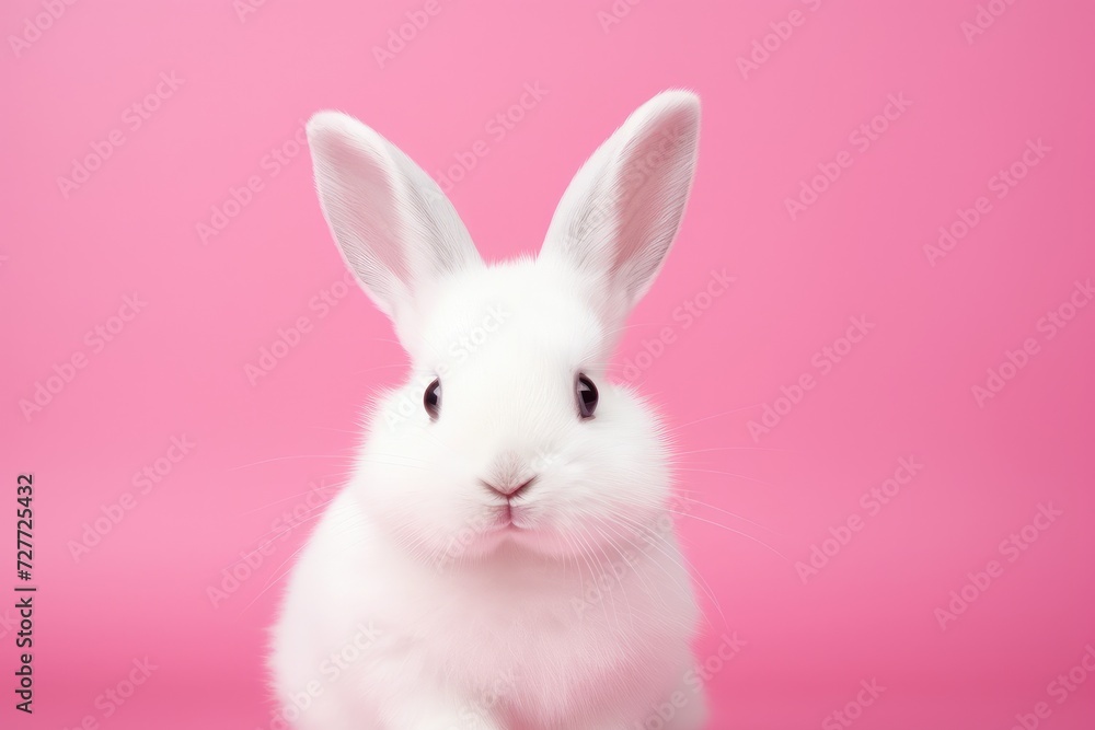 Adorable White Rabbit with Soft Fluffy Fur on Pink Canvas - Generative AI Adorable White Rabbit with Soft Fluffy Fur on Pink Canvas - Generative AI